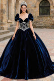 Navy Velvet Sweetheart Puff Sleeves Princess Quinceanera Dress with Appliques