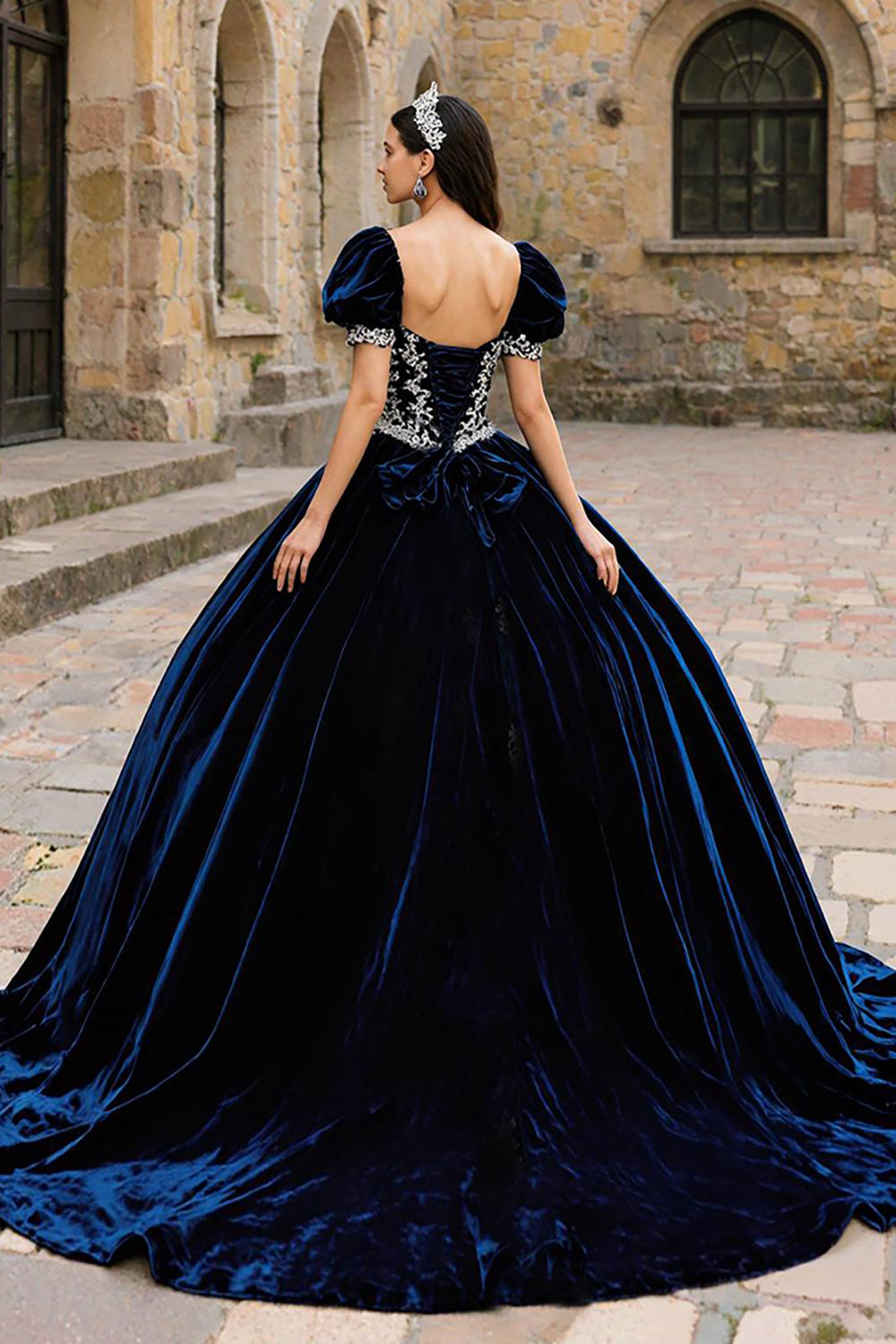 Navy Velvet Sweetheart Puff Sleeves Princess Quinceanera Dress with Appliques