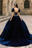 Navy Velvet Sweetheart Puff Sleeves Princess Quinceanera Dress with Appliques