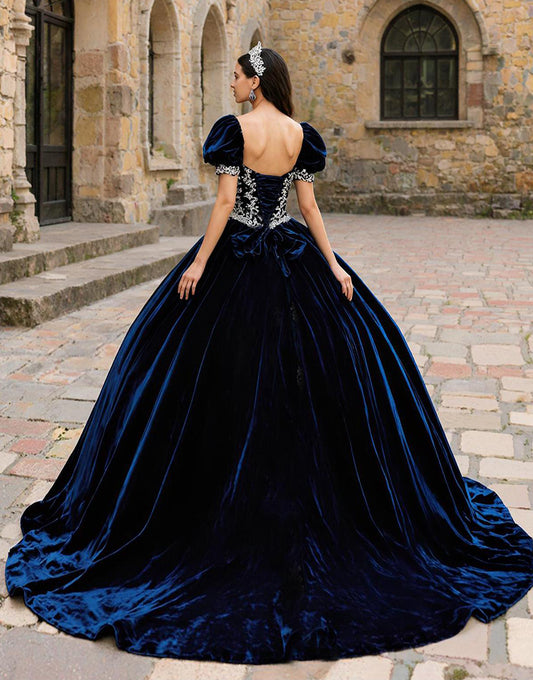 Navy Velvet Sweetheart Puff Sleeves Princess Quinceanera Dress with Appliques