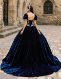 Navy Velvet Sweetheart Puff Sleeves Princess Quinceanera Dress with Appliques