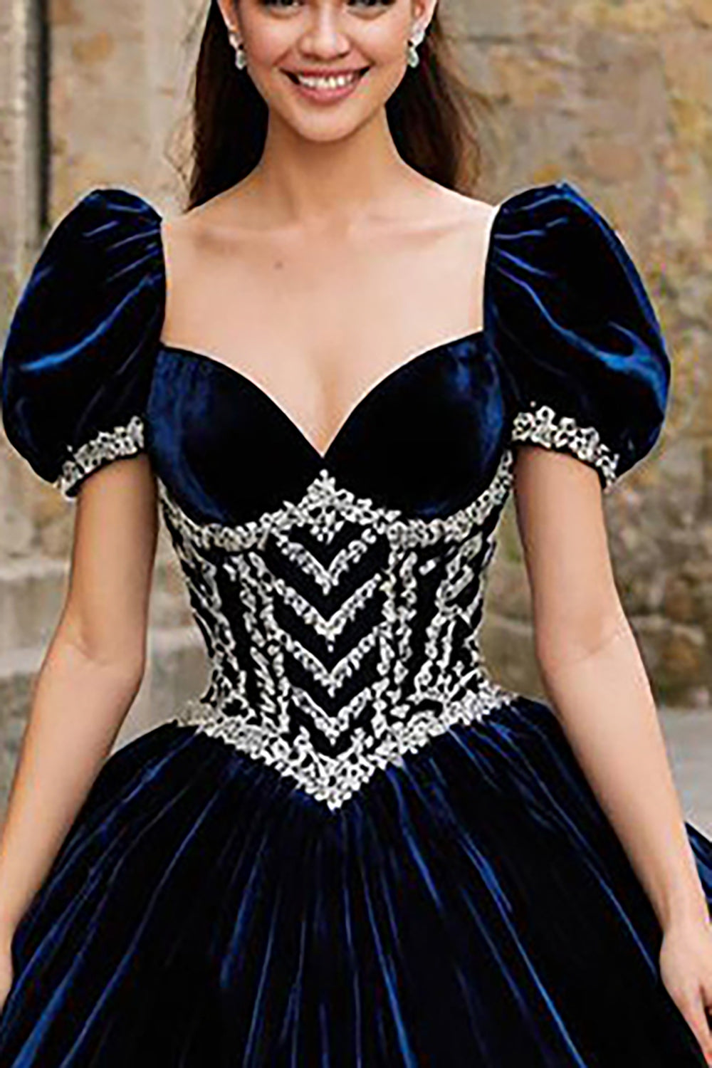 Navy Velvet Sweetheart Puff Sleeves Princess Quinceanera Dress with Appliques