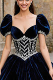 Navy Velvet Sweetheart Puff Sleeves Princess Quinceanera Dress with Appliques