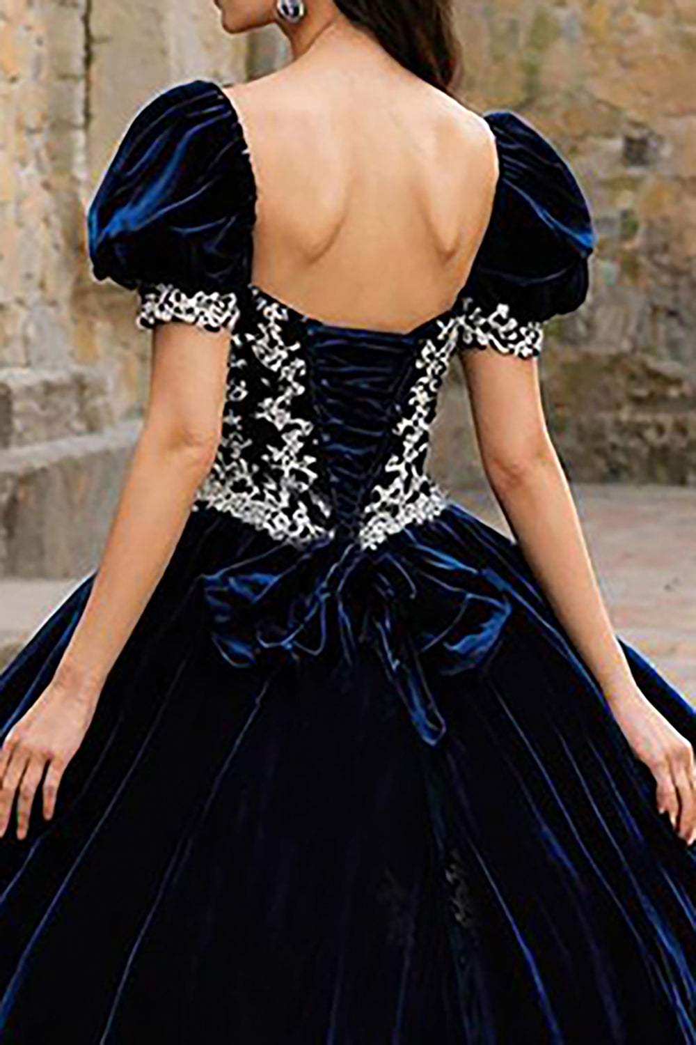 Navy Velvet Sweetheart Puff Sleeves Princess Quinceanera Dress with Appliques