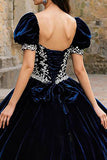 Navy Velvet Sweetheart Puff Sleeves Princess Quinceanera Dress with Appliques