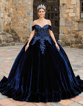 Navy Velvet Off the Shoulder Princess Appliqued Quinceanera Dress with Ruffles