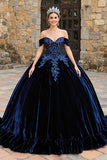 Navy Velvet Off the Shoulder Princess Appliqued Quinceanera Dress with Ruffles