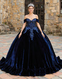 Navy Velvet Off the Shoulder Princess Appliqued Quinceanera Dress with Ruffles