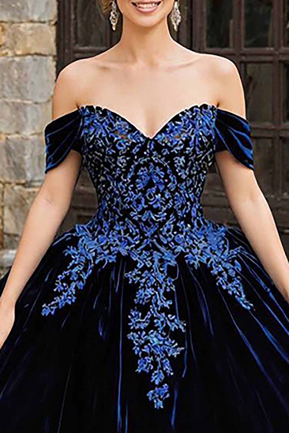 Navy Velvet Off the Shoulder Princess Appliqued Quinceanera Dress with Ruffles