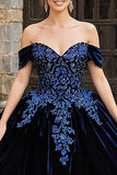 Navy Velvet Off the Shoulder Princess Appliqued Quinceanera Dress with Ruffles