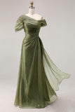 Dusty Sage Chiffon A Line Ruched Long Formal Dress with Side Cape