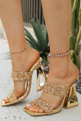 Sparkly Golden Double Strap Chunky Heel Sandals