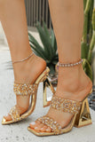 Sparkly Golden Double Strap Chunky Heel Sandals