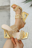 Sparkly Golden Double Strap Chunky Heel Sandals