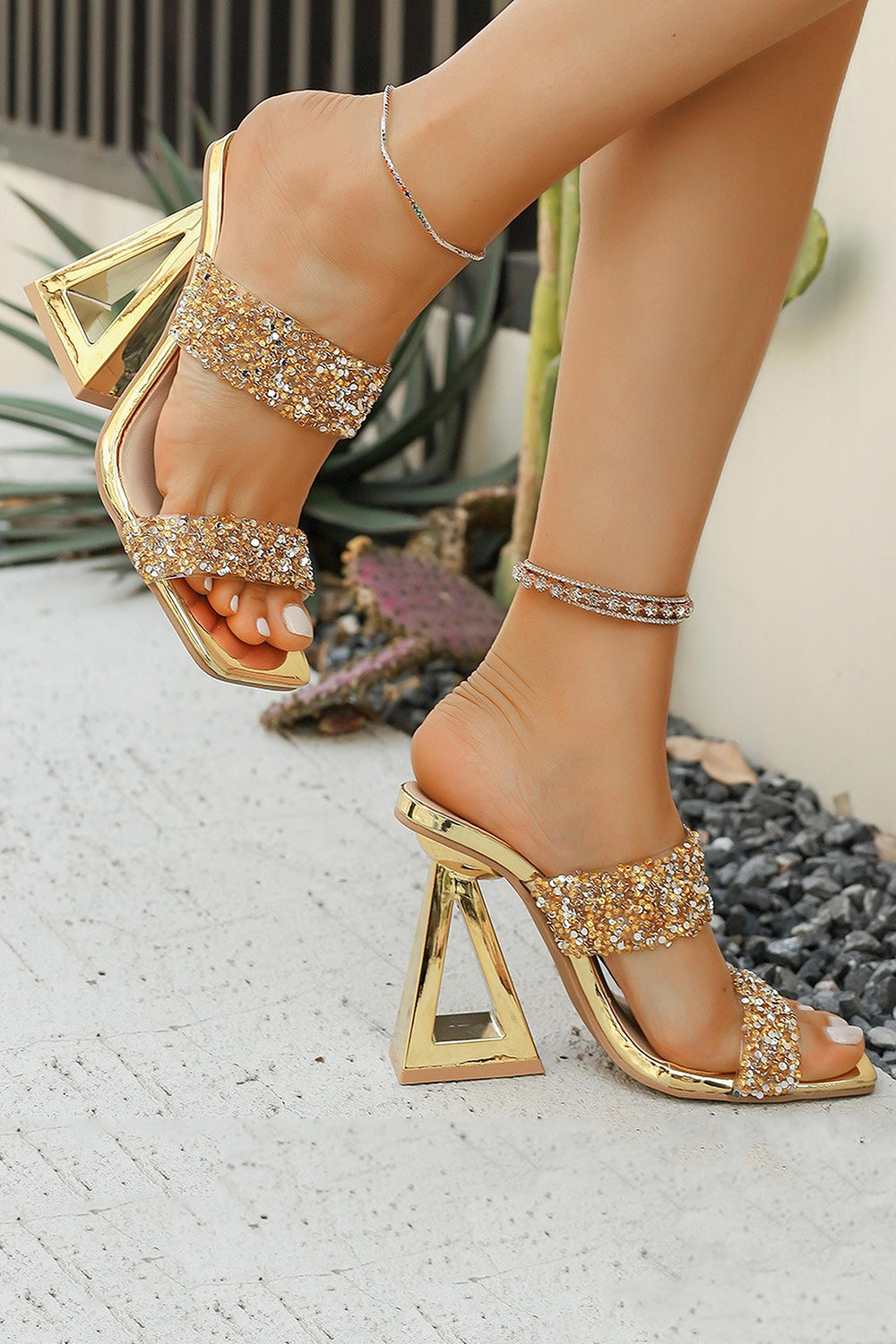Sparkly Golden Double Strap Chunky Heel Sandals