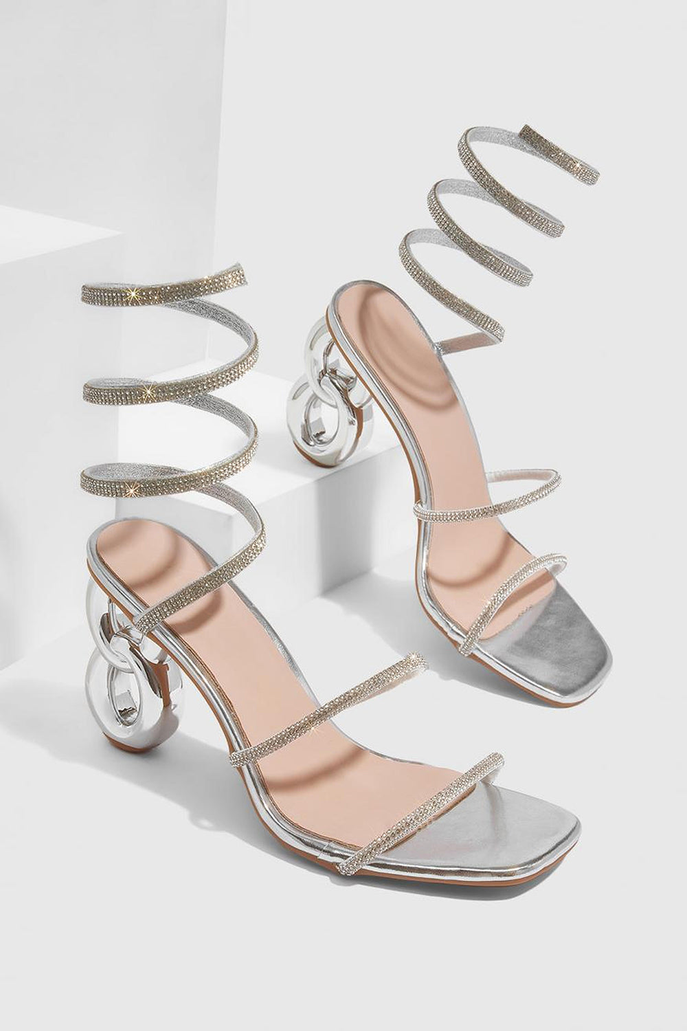 Sparkly Silver Open Toe Strappy Gladiator Stiletto High Heel Sandals