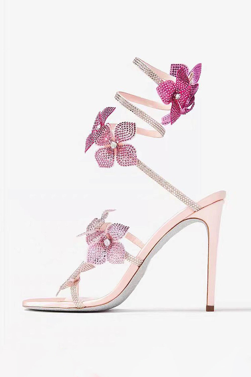 Glitter Beaded Flowers Pink Wrap Up Strappy Gladiator High Heeled Sandals