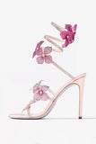 Glitter Beaded Flowers Pink Wrap Up Strappy Gladiator High Heeled Sandals