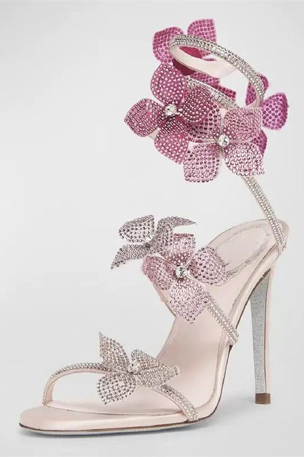 Glitter Beaded Flowers Pink Wrap Up Strappy Gladiator High Heeled Sandals