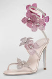 Glitter Beaded Flowers Pink Wrap Up Strappy Gladiator High Heeled Sandals