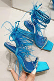 Fuchsia Strappy Gladiator Stiletto High Heel Sandals with Feather
