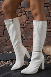 White Go Go Knee High Pointed Toe Chunky Heel Boots