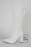 White Go Go Knee High Pointed Toe Chunky Heel Boots