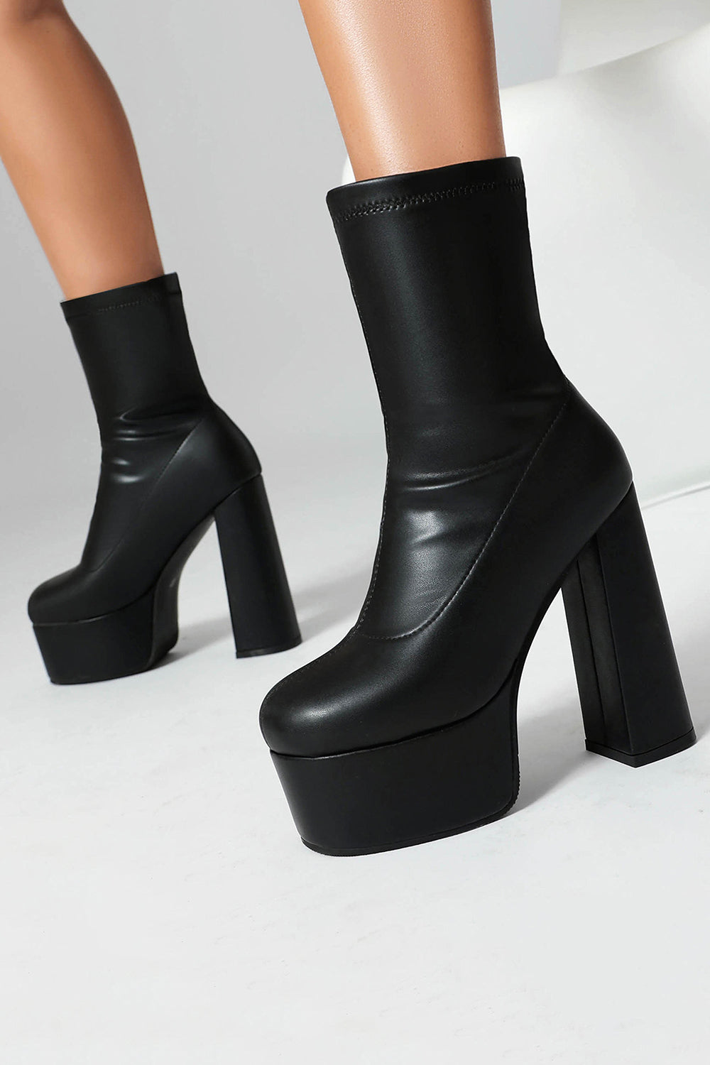 White Go Go Round Toe Chunky Platform Heeled Ankle Boots