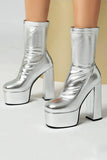 White Go Go Round Toe Chunky Platform Heeled Ankle Boots