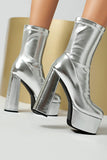 White Go Go Round Toe Chunky Platform Heeled Ankle Boots