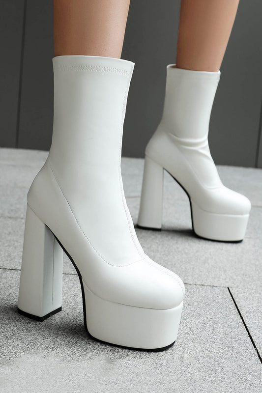 White Go Go Round Toe Chunky Platform Heeled Ankle Boots