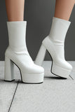 White Go Go Round Toe Chunky Platform Heeled Ankle Boots