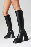 White Go Go Knee High Square Toe Chunky Platform Heel Boots
