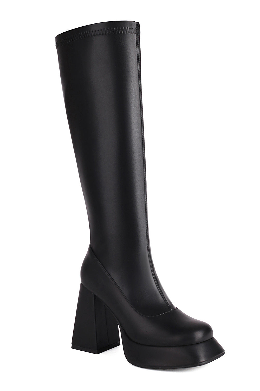 White Go Go Knee High Square Toe Chunky Platform Heel Boots