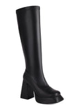 White Go Go Knee High Square Toe Chunky Platform Heel Boots