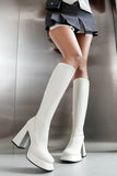 White Go Go Knee High Square Toe Chunky Platform Heel Boots