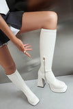 White Go Go Knee High Square Toe Chunky Platform Heel Boots