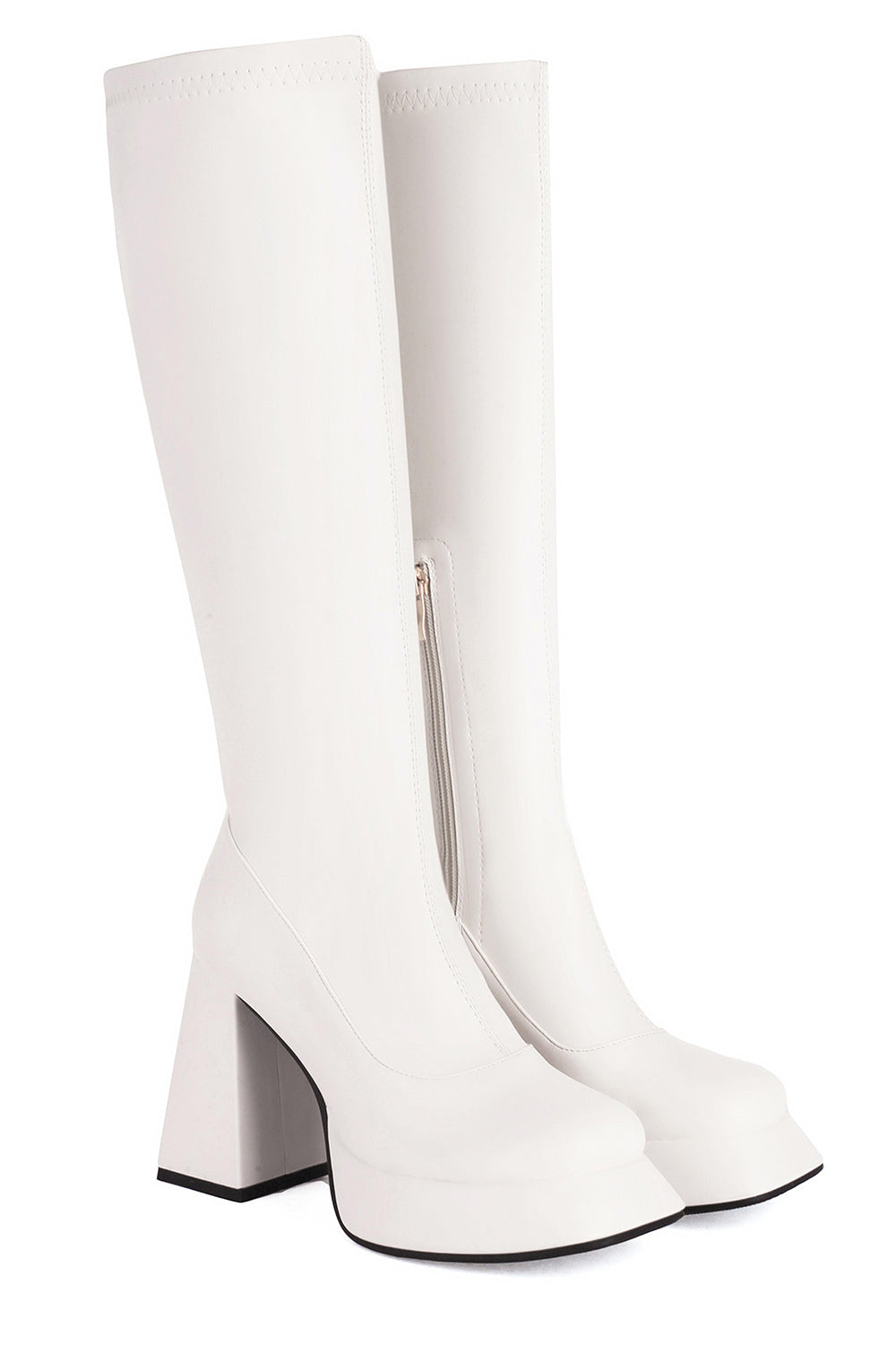 Zapakasa Women White Go Go Knee High Square Toe Side Zipper