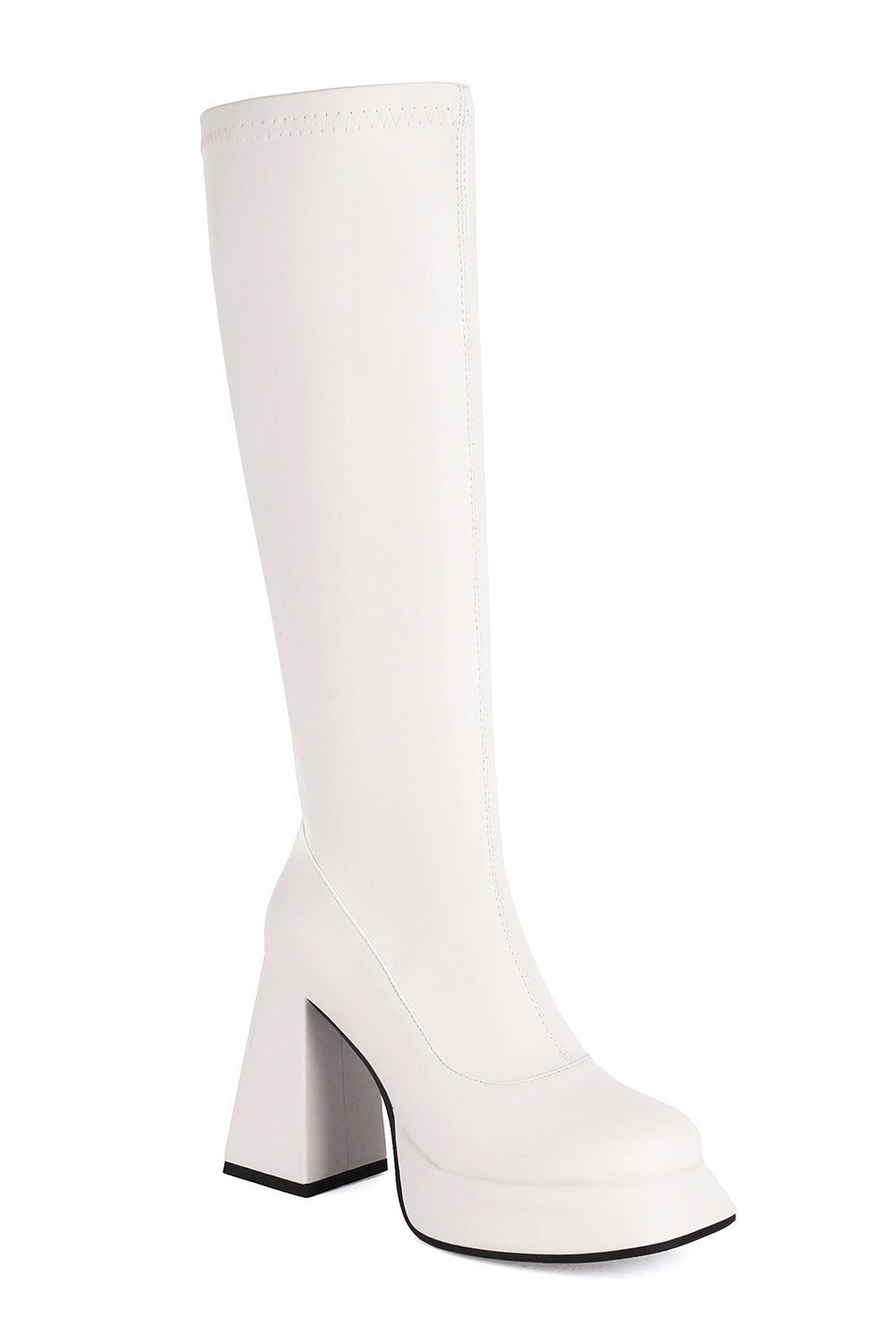 White Go Go Knee High Square Toe Chunky Platform Heel Boots