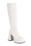 White Go Go Knee High Square Toe Chunky Platform Heel Boots