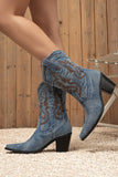 Dark Blue Embroidered Wide Calf Chunky Heel Western Cowgirl Boots