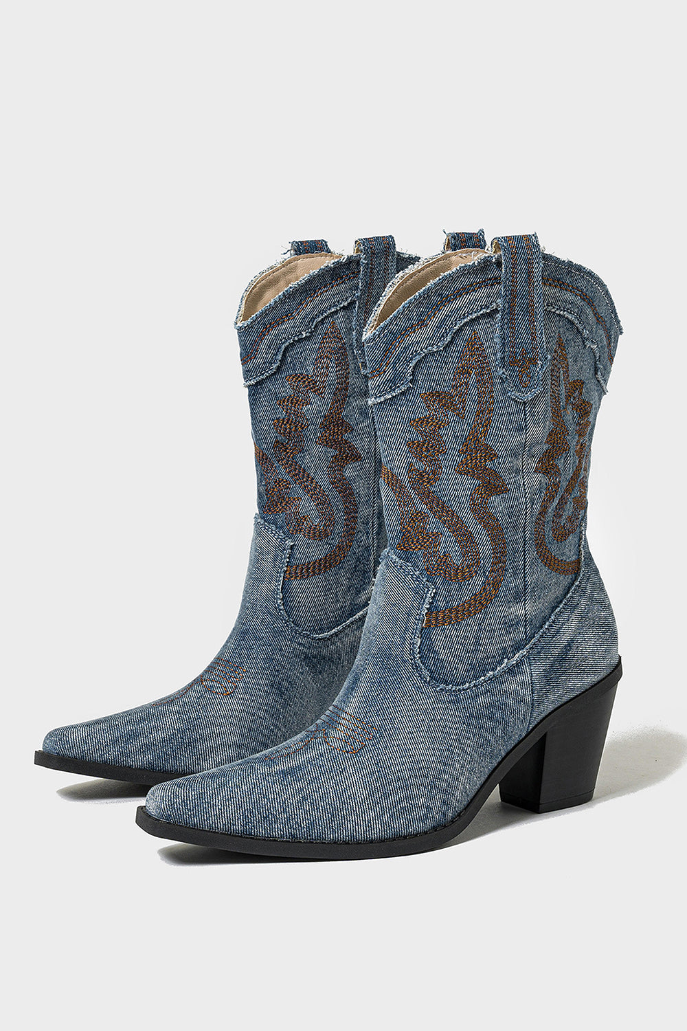 Dark Blue Embroidered Wide Calf Chunky Heel Western Cowgirl Boots