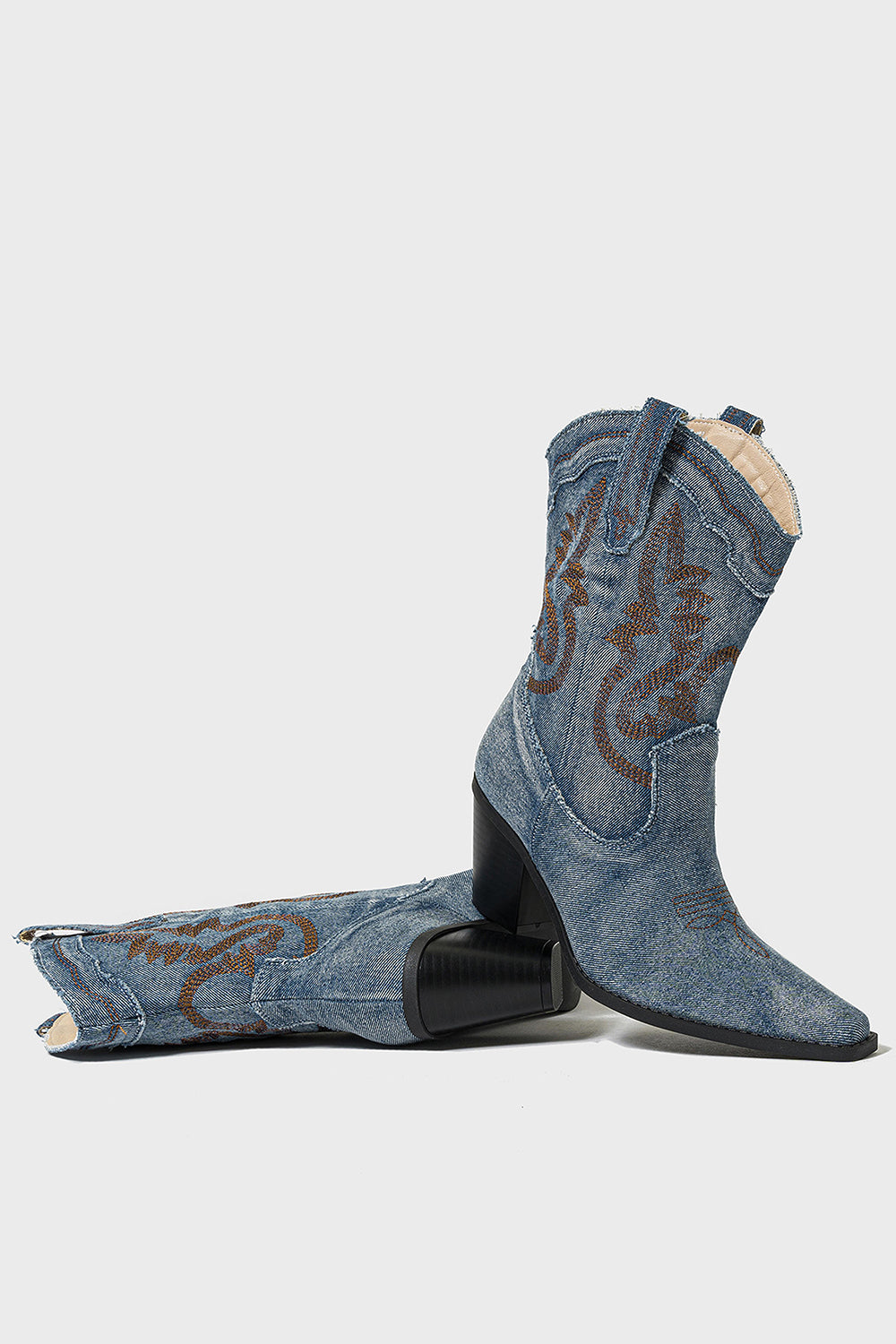 Dark Blue Embroidered Wide Calf Chunky Heel Western Cowgirl Boots