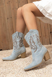 Dark Blue Embroidered Wide Calf Chunky Heel Western Cowgirl Boots