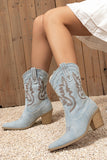 Dark Blue Embroidered Wide Calf Chunky Heel Western Cowgirl Boots