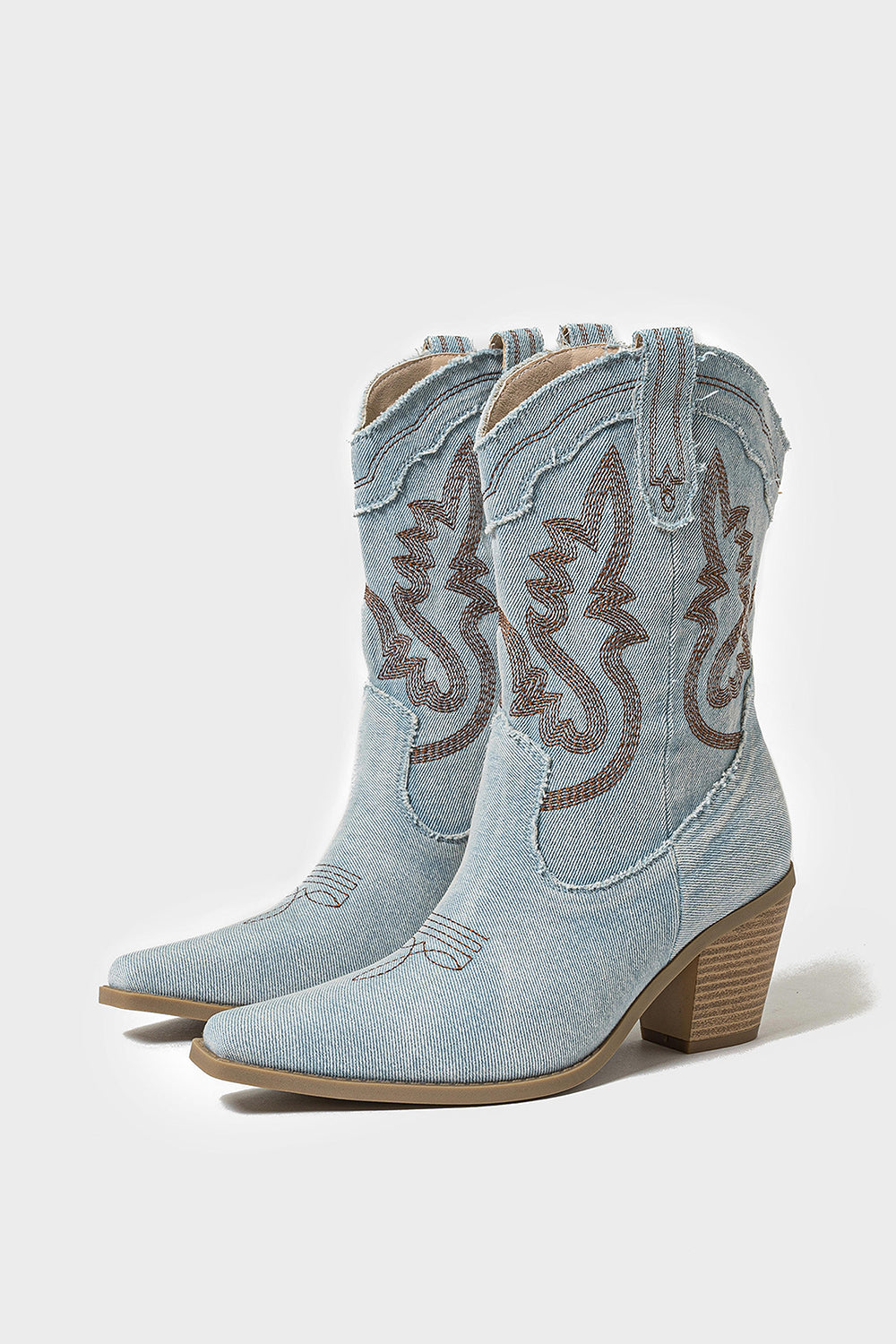 Dark Blue Embroidered Wide Calf Chunky Heel Western Cowgirl Boots