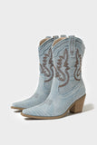 Dark Blue Embroidered Wide Calf Chunky Heel Western Cowgirl Boots