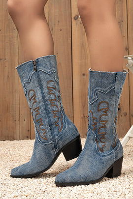 Dark Blue Embroidered Mid Calf Chunky Heel Cowgirl Boots