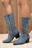 Dark Blue Embroidered Mid Calf Chunky Heel Cowgirl Boots