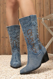 Dark Blue Embroidered Mid Calf Chunky Heel Cowgirl Boots